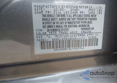 2020 Nissan Sentra S Xtronic Cvt z USA, uszkodzony, nr VIN 3N1AB8BV3LY310761